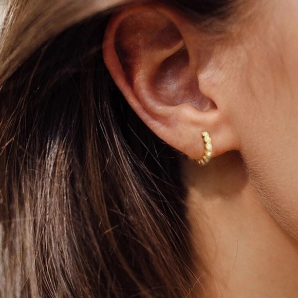 Sterling Silver Gold Huggie Hoops with Row of Isolated Simulated Diamonds - Picture 1 of 12